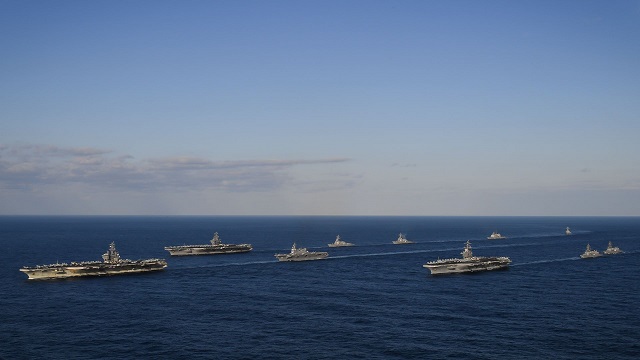 Three US Navy Carrier Strike Groups Transiting Western Pacific JMSDF Ships 1