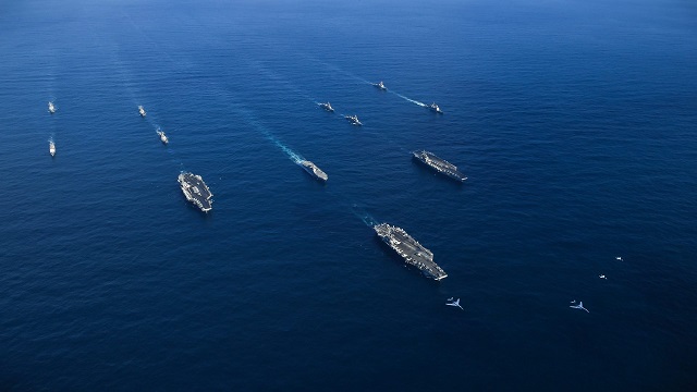 Three US Navy Carrier Strike Groups Transiting Western Pacific JMSDF Ships 2
