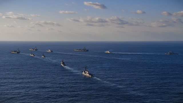 Three US Navy Carrier Strike Groups Transiting Western Pacific JMSDF Ships 3