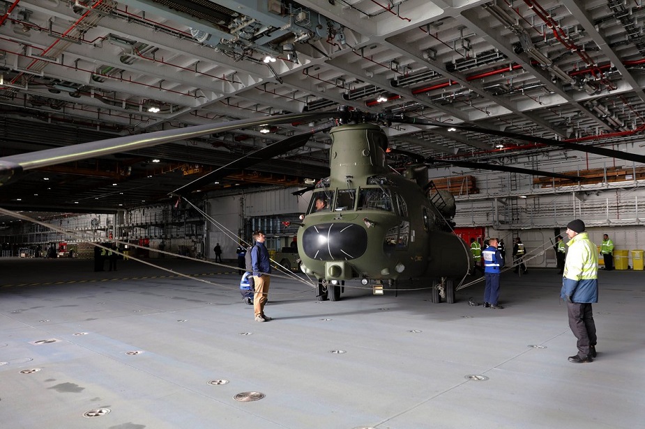 RAF Chinook helicopter HMS Queen Elizabeth hangar 2