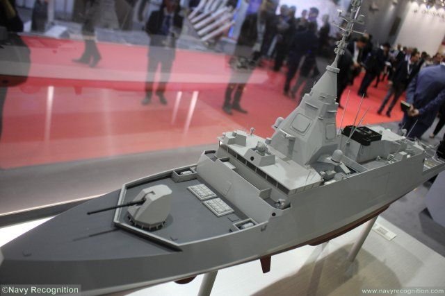 The Belharra unveiled by Naval Group at Euronaval 2016, seen here with a 127mm main gun and RAM launcher.